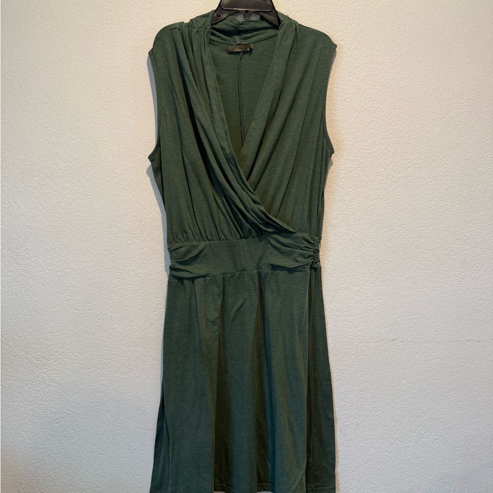 🍄 Prana Forest Green Sleeveless Wrap-Style Midi Dress